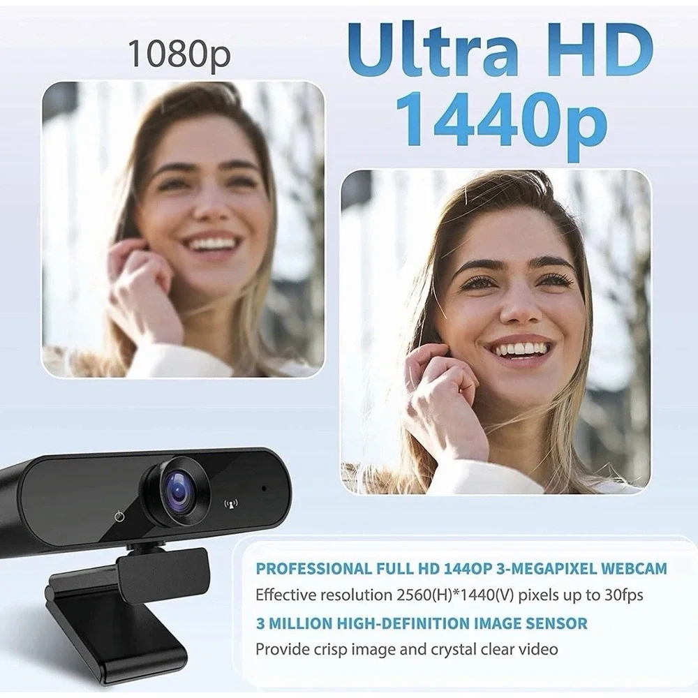 Lexvss Webcam with Microphone, Portable 2K 1440P HD Wide Angle Steaming Web‎ Cam